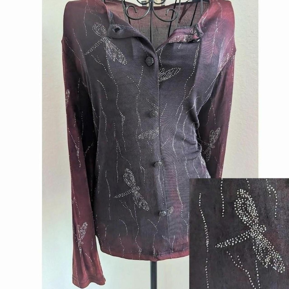 Women’s Embellished Dragonfly Button-Front Cardigan in Black and Burgundy